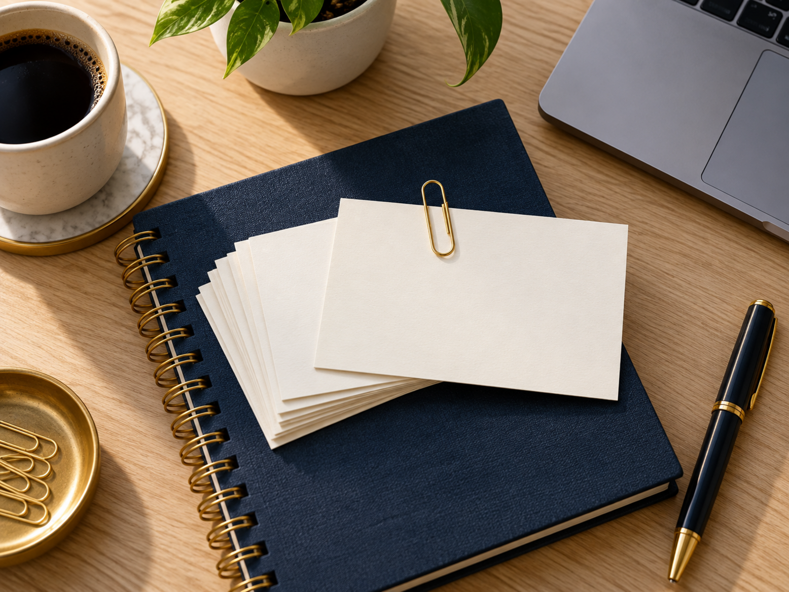 One blank planning card selected on a notebook beside a laptop