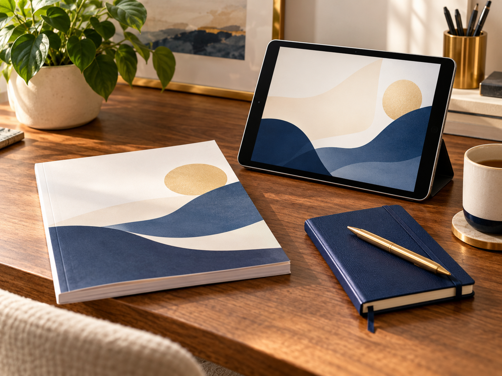 A printed workbook and digital resource arranged on a creator’s desk