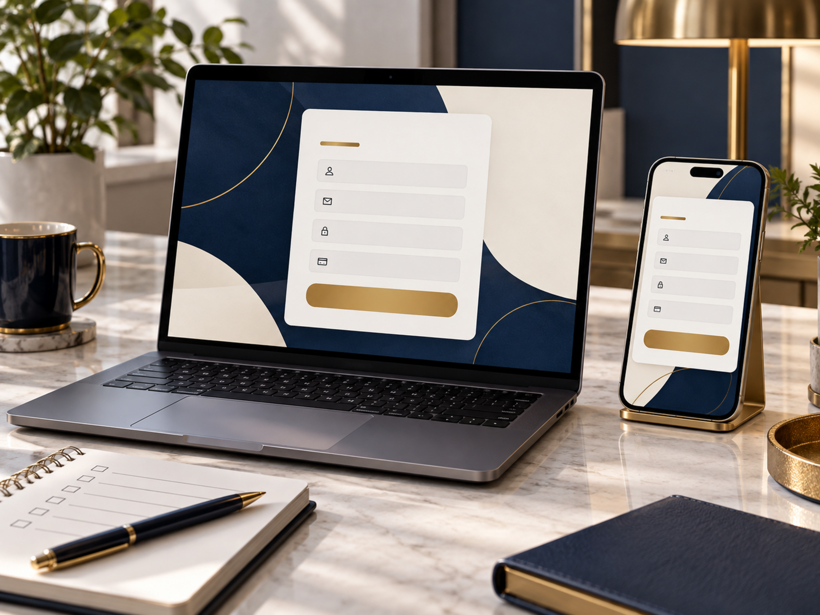 Laptop and phone showing a signup layout during a mobile and desktop check