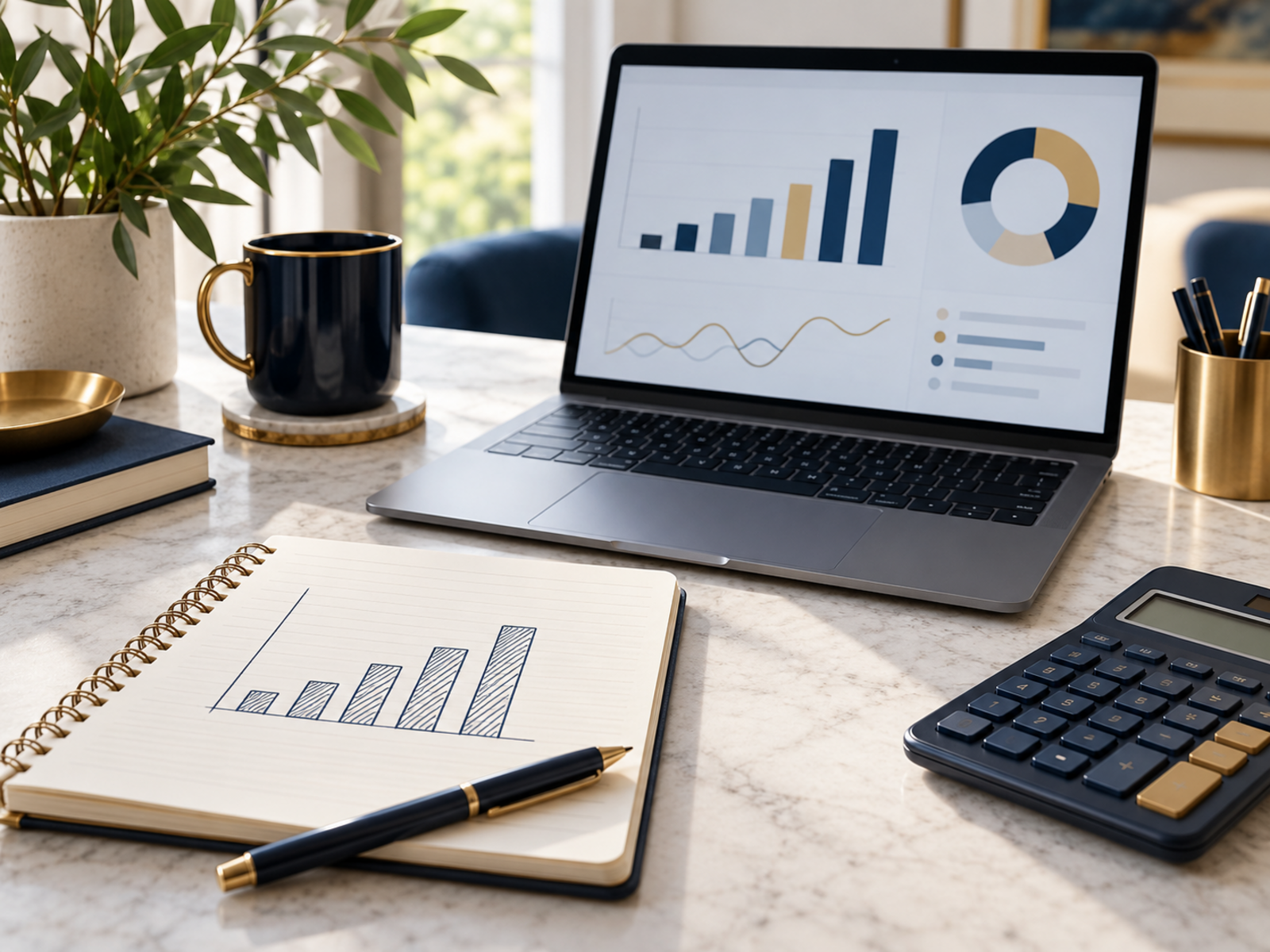 Notebook and laptop used to review a small set of funnel results