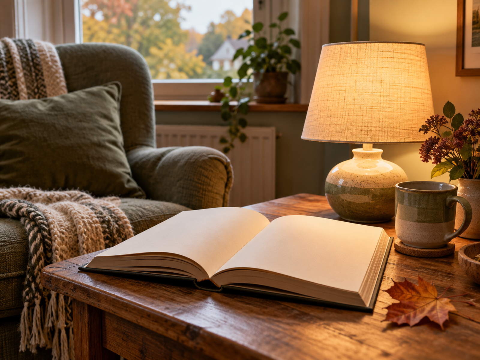 Open book beside a warm lamp and autumn leaves