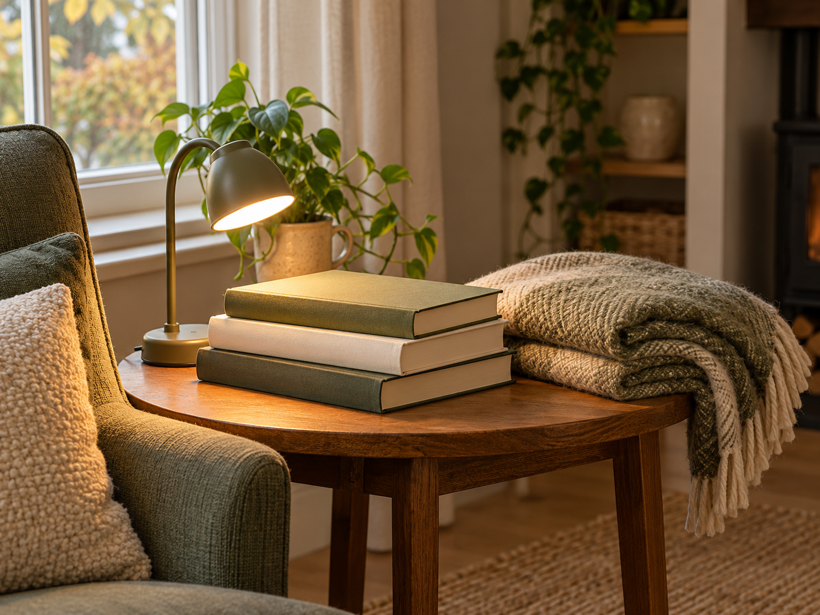 Plain books and a folded knitted blanket beside an autumn window