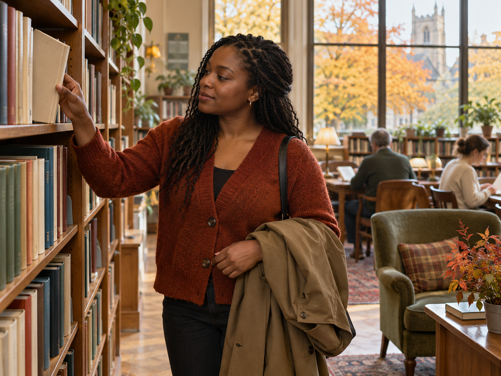 Reader in rust autumn layers choosing a book at a library