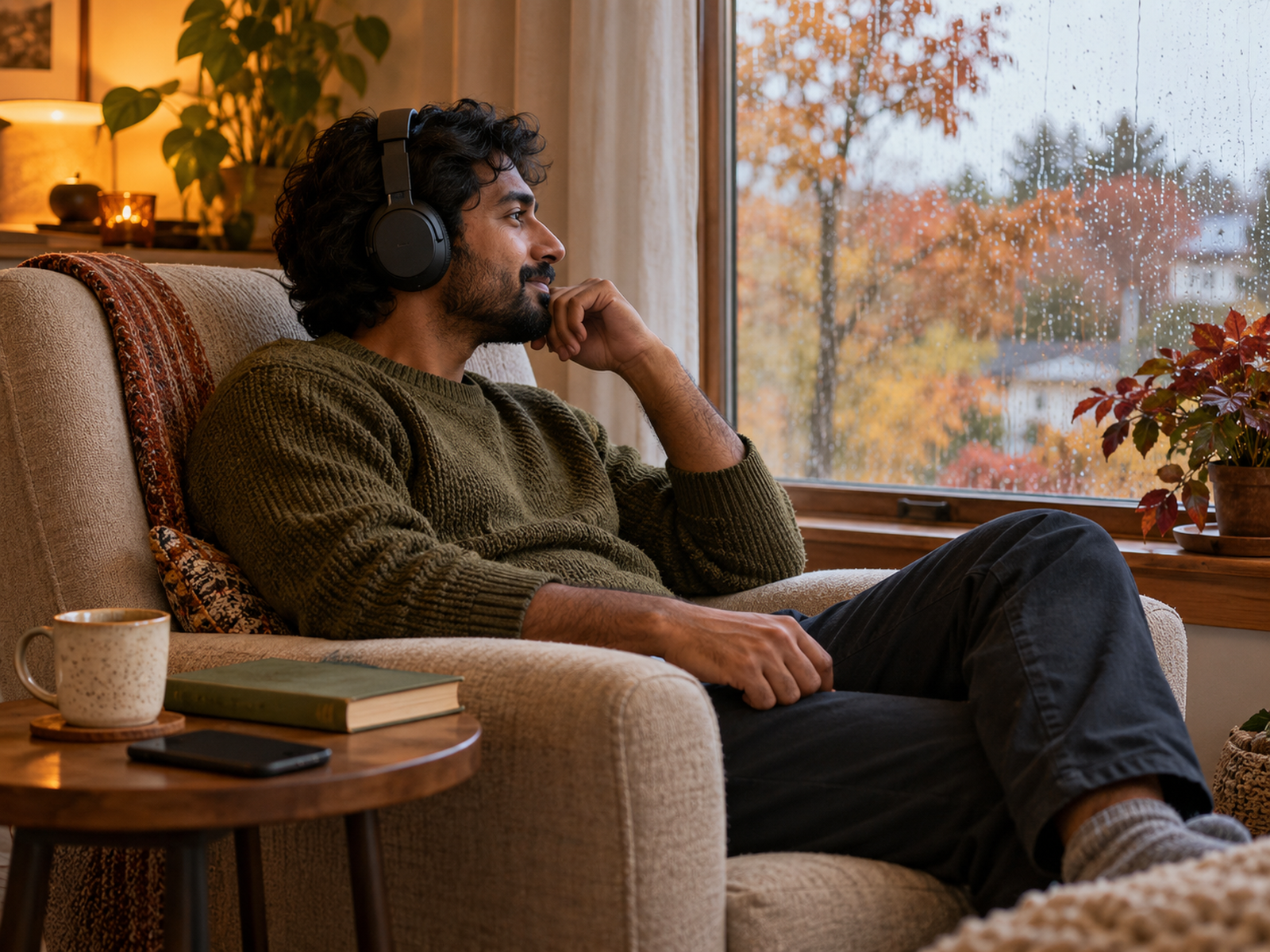Reader in an olive jumper listening to headphones by a rainy autumn window