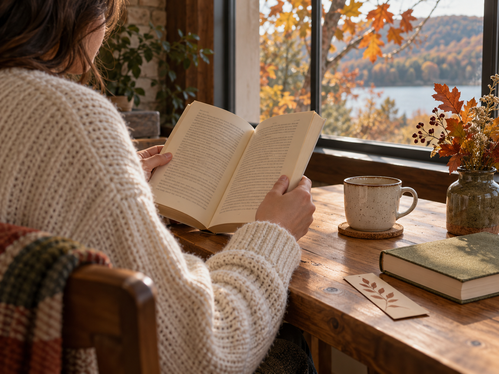 Reader in cream knitwear sampling a paperback at a wooden table