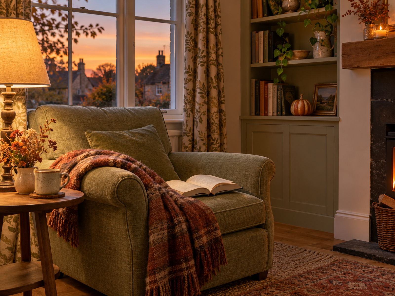 Sage armchair with a rust blanket and a warmly lit book at autumn dusk