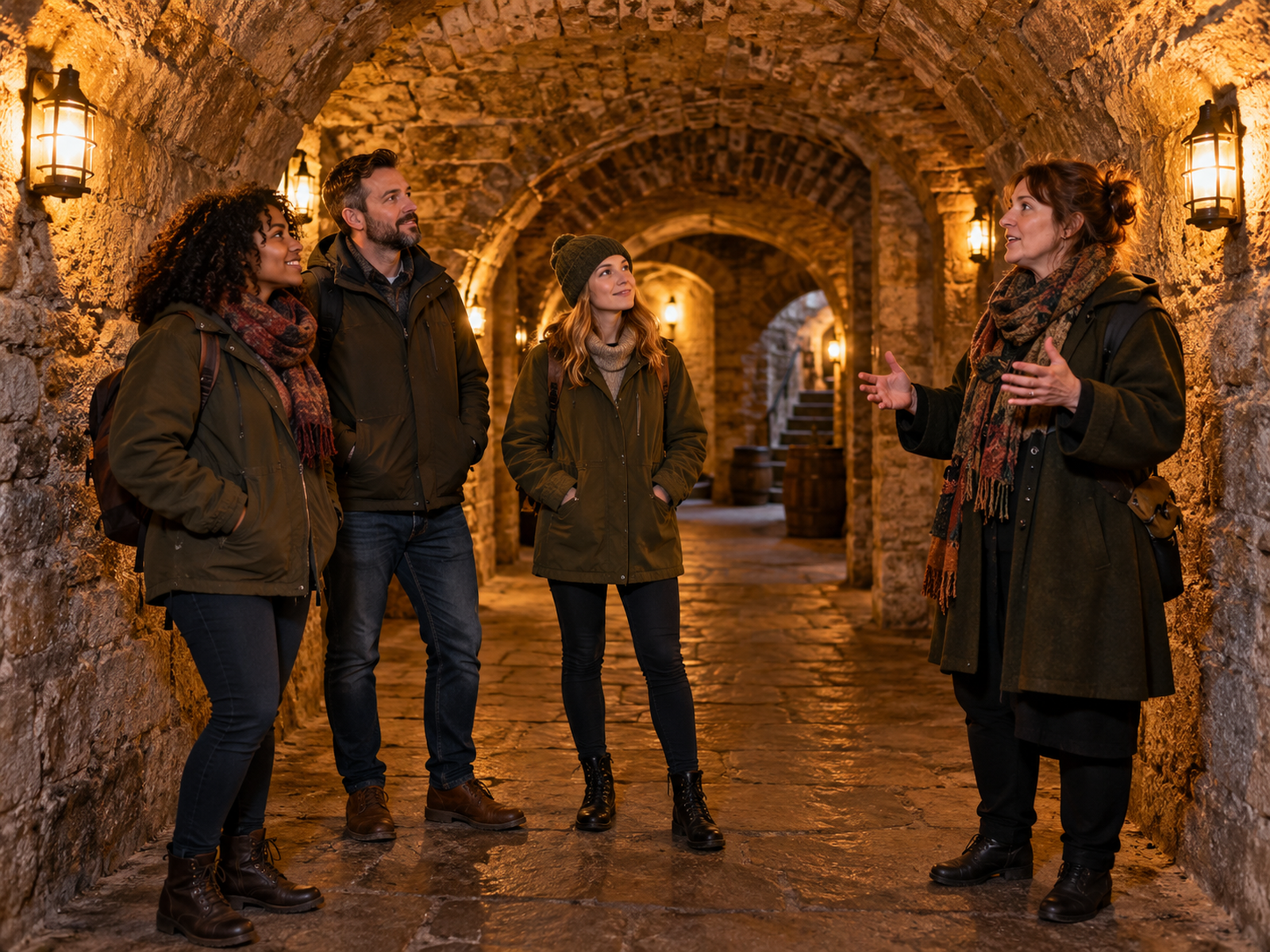 Illustrative guided tour in a warmly lit stone vault