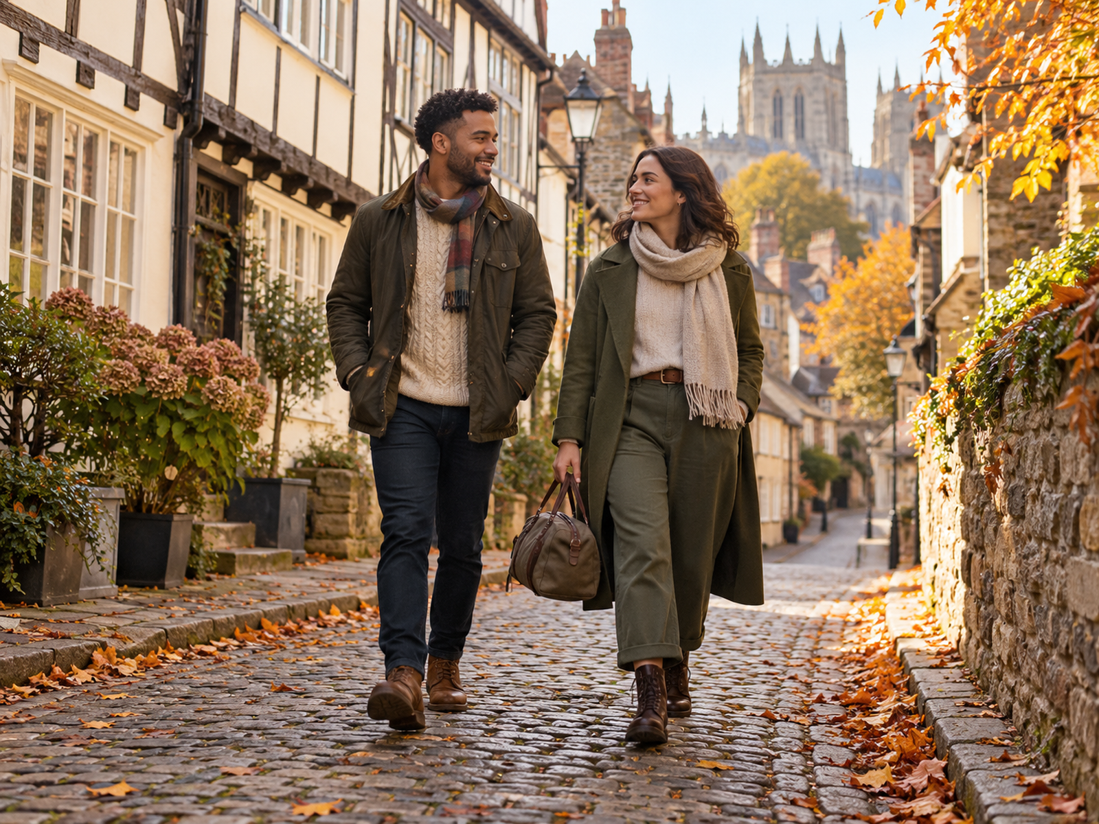 Couple walking along an illustrative historic British lane in autumn