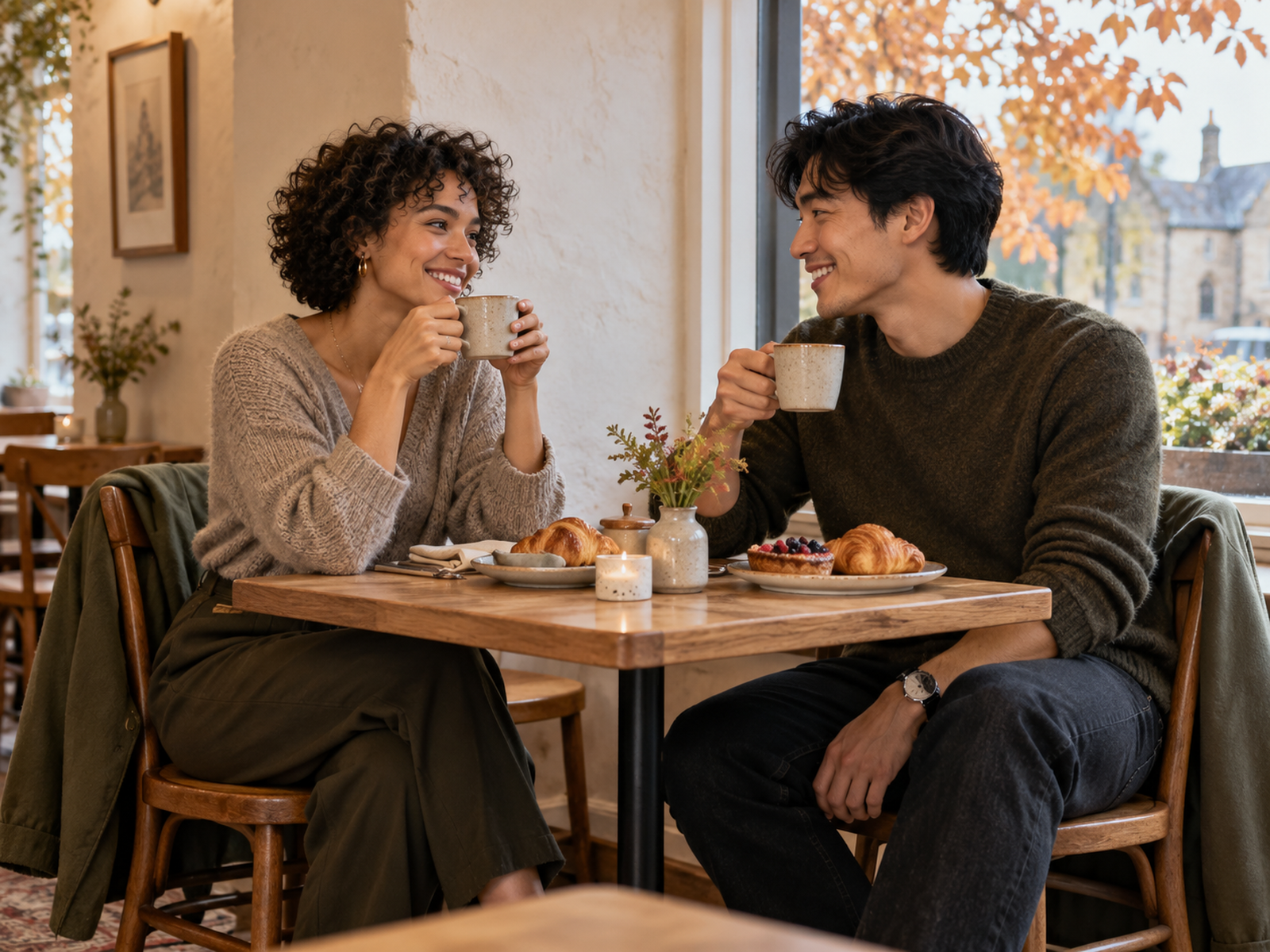Couple enjoying breakfast and tea in a quiet autumn café
