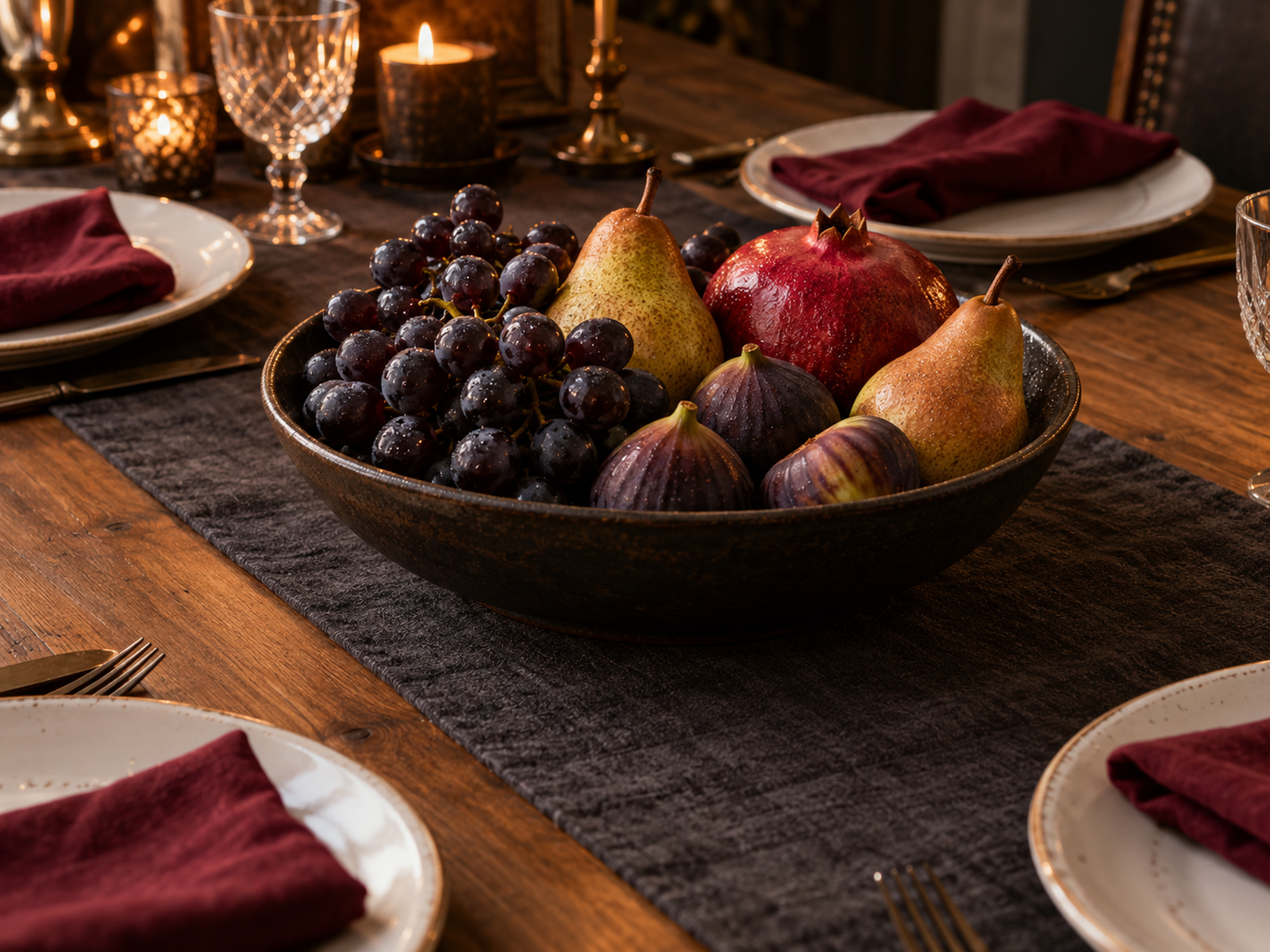 Shallow dark bowl of grapes, pears, figs and a pomegranate on a charcoal table runner