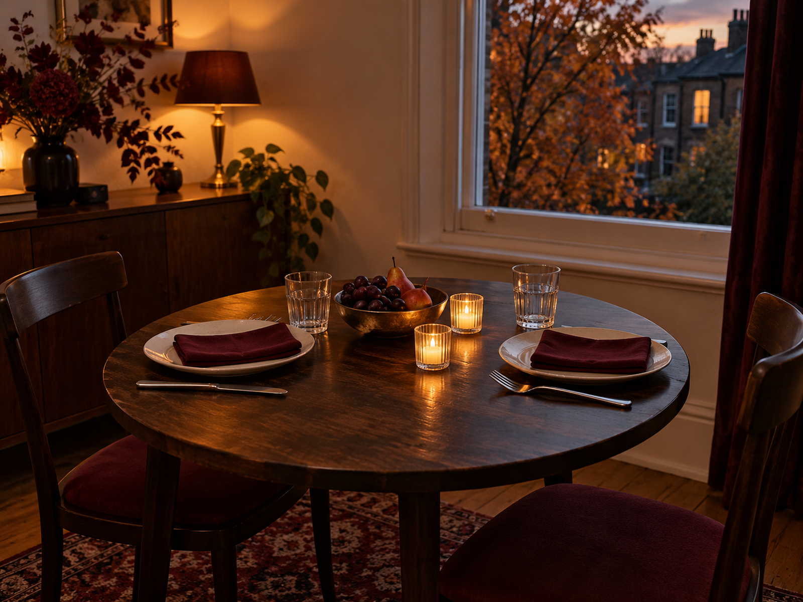 Small round table for two with burgundy napkins, white plates and a low fruit bowl