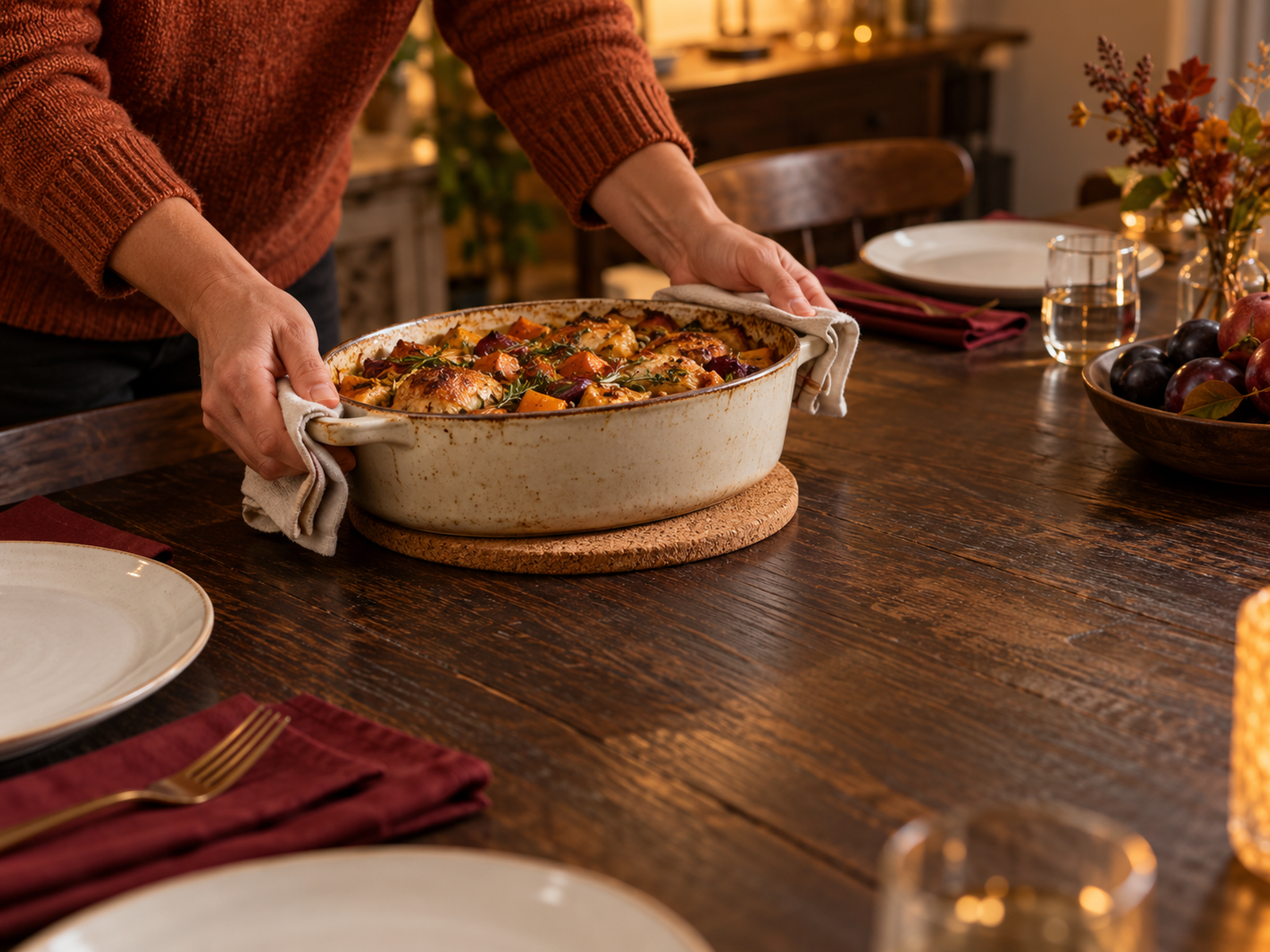 Person in a rust jumper placing a casserole on a trivet in a clear serving space