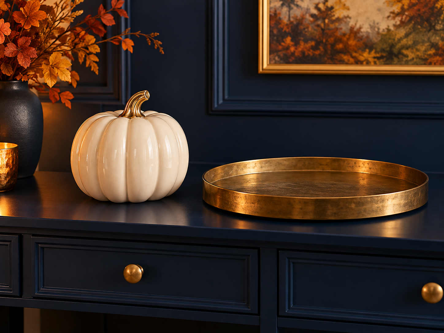 A pumpkin decoration arranged on a console as a seasonal focal point