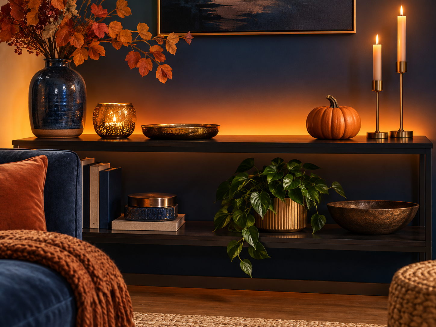 An uncluttered shelf with subtle light and a removable seasonal decoration