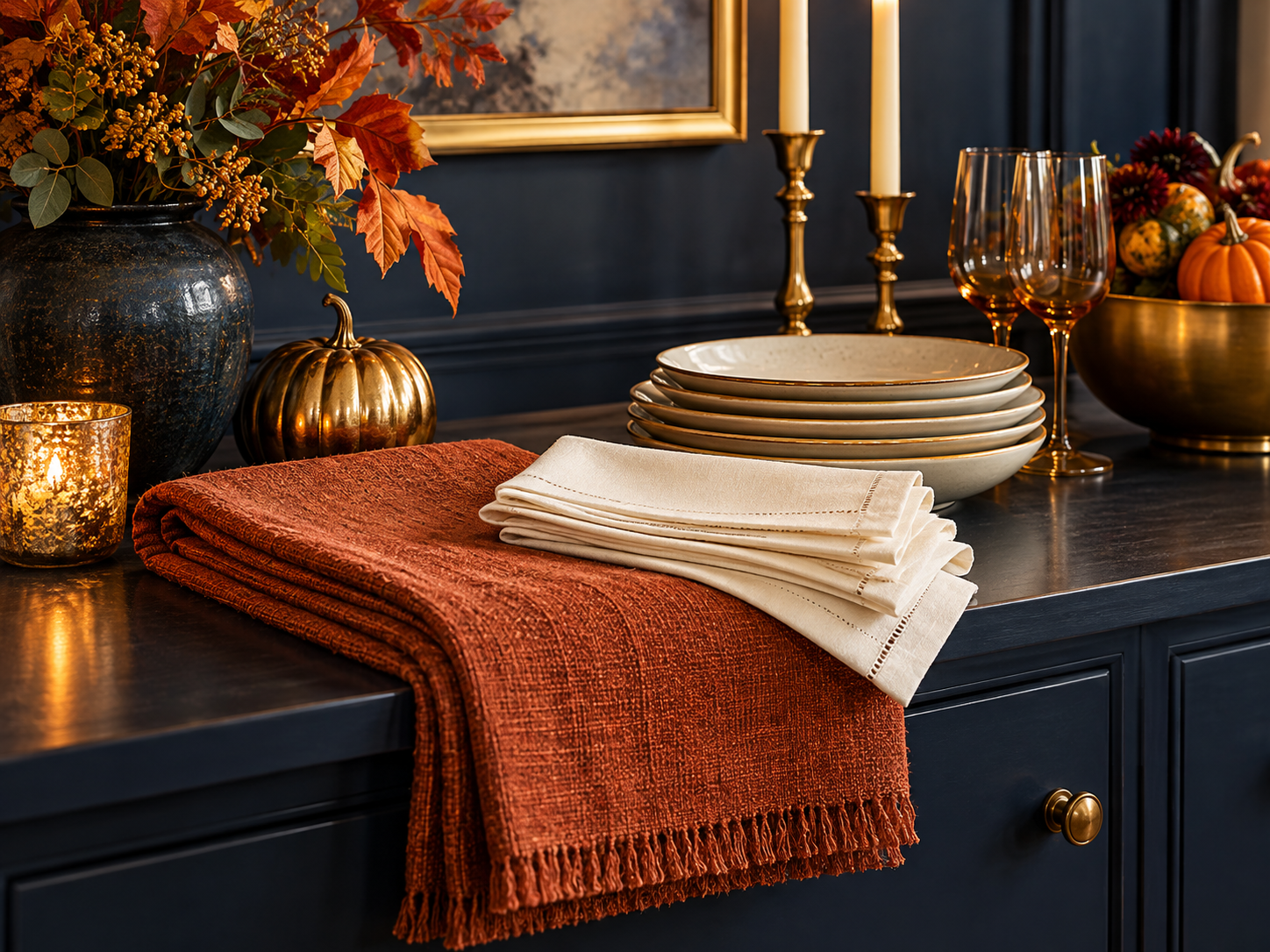 Everyday tableware and autumn textiles ready for a seasonal table arrangement