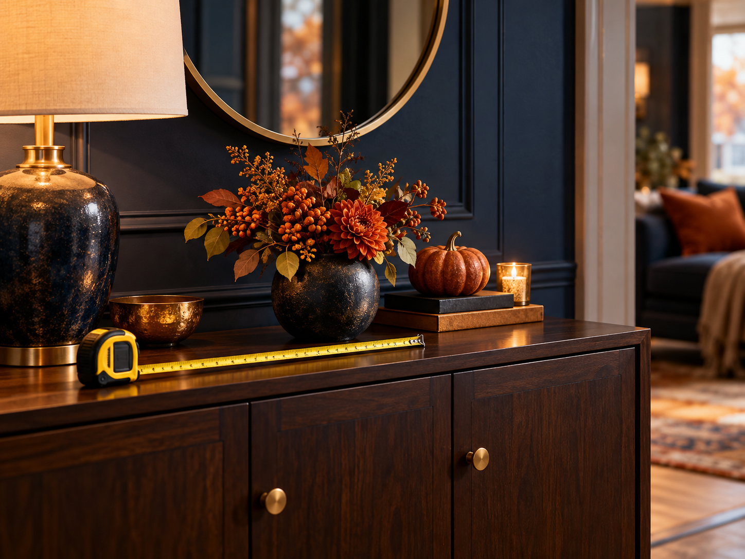 Measuring a sideboard before choosing the scale of seasonal decorations
