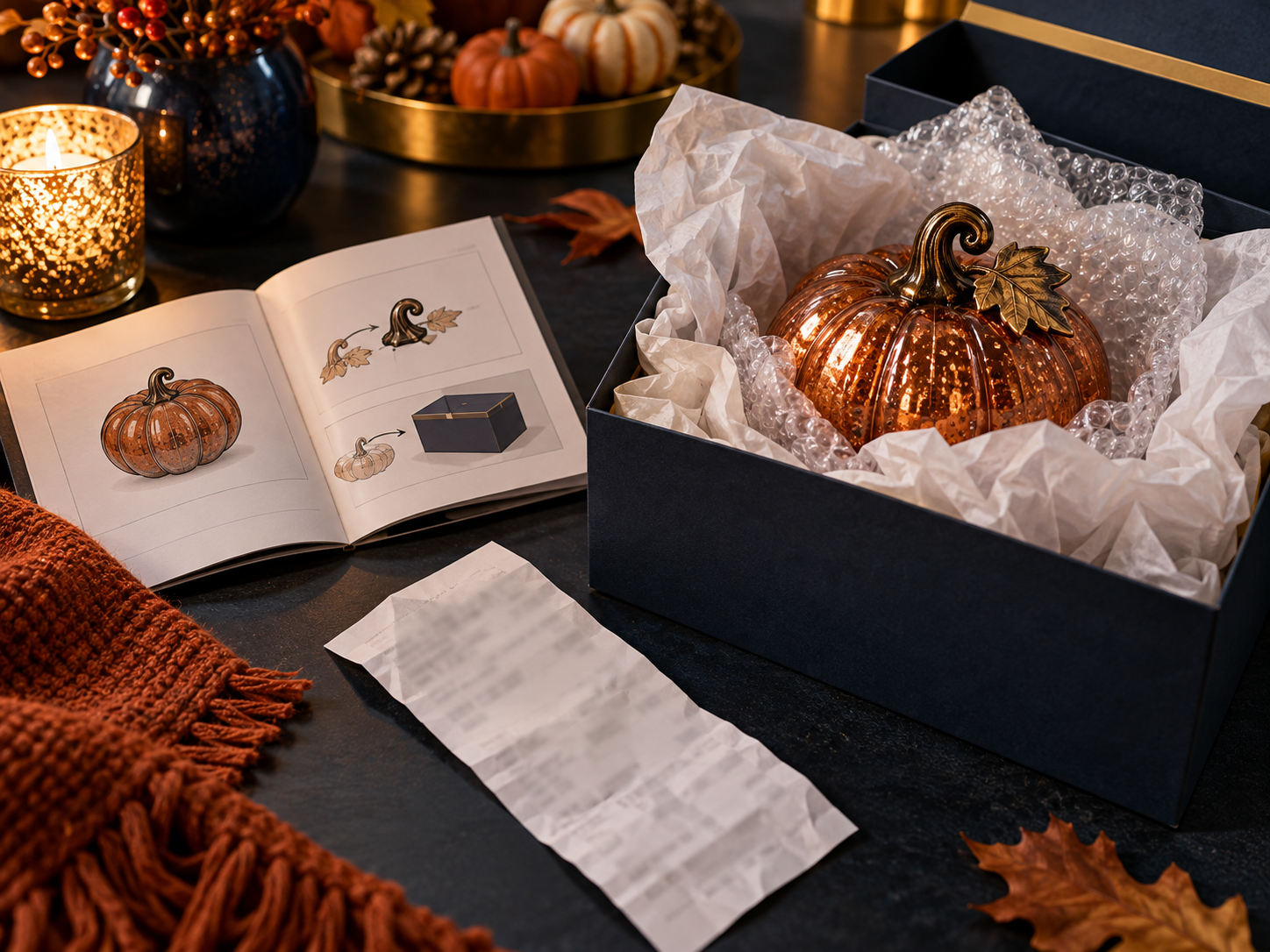 Instructions and a receipt kept beside carefully packed decorative lighting