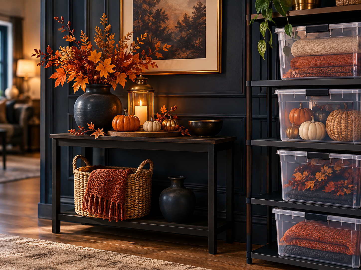 A compact seasonal display with practical storage space nearby