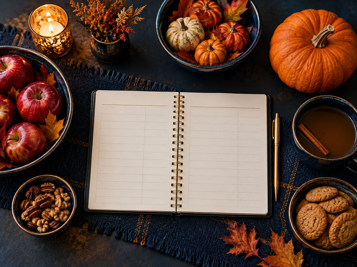 Overhead budget notebook with blank rows beside existing bowls and a single pumpkin