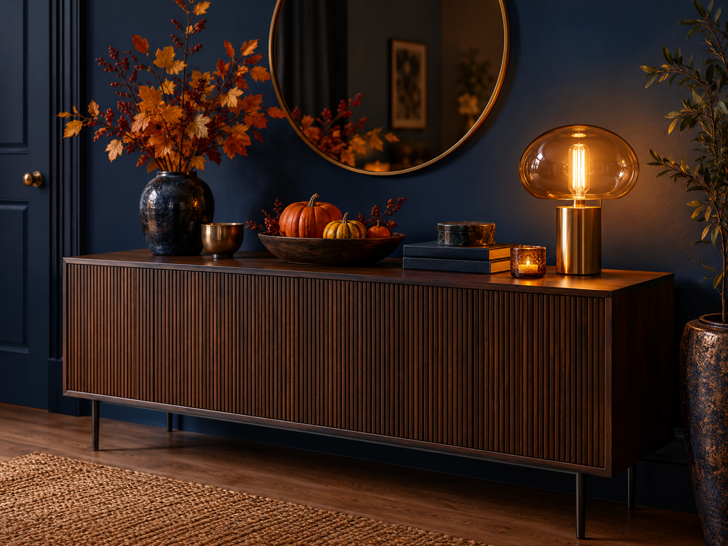 Sideboard with concealed amber lighting and dark blue wall