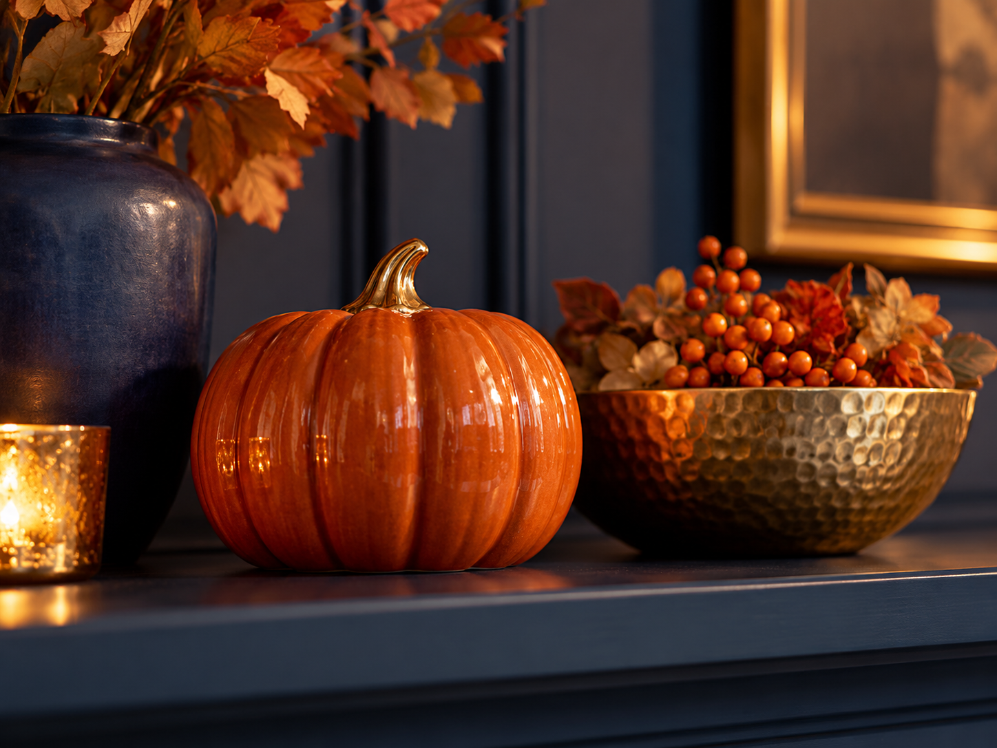 Close ceramic pumpkin on shelf with bowl, warm glow