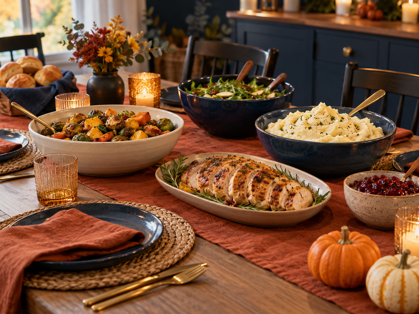 Normal ceramic serving bowls on rust runner with simple autumn supper