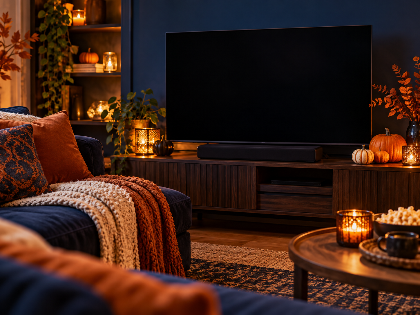 Comfortable television corner with blank screen, folded throws and modest speaker