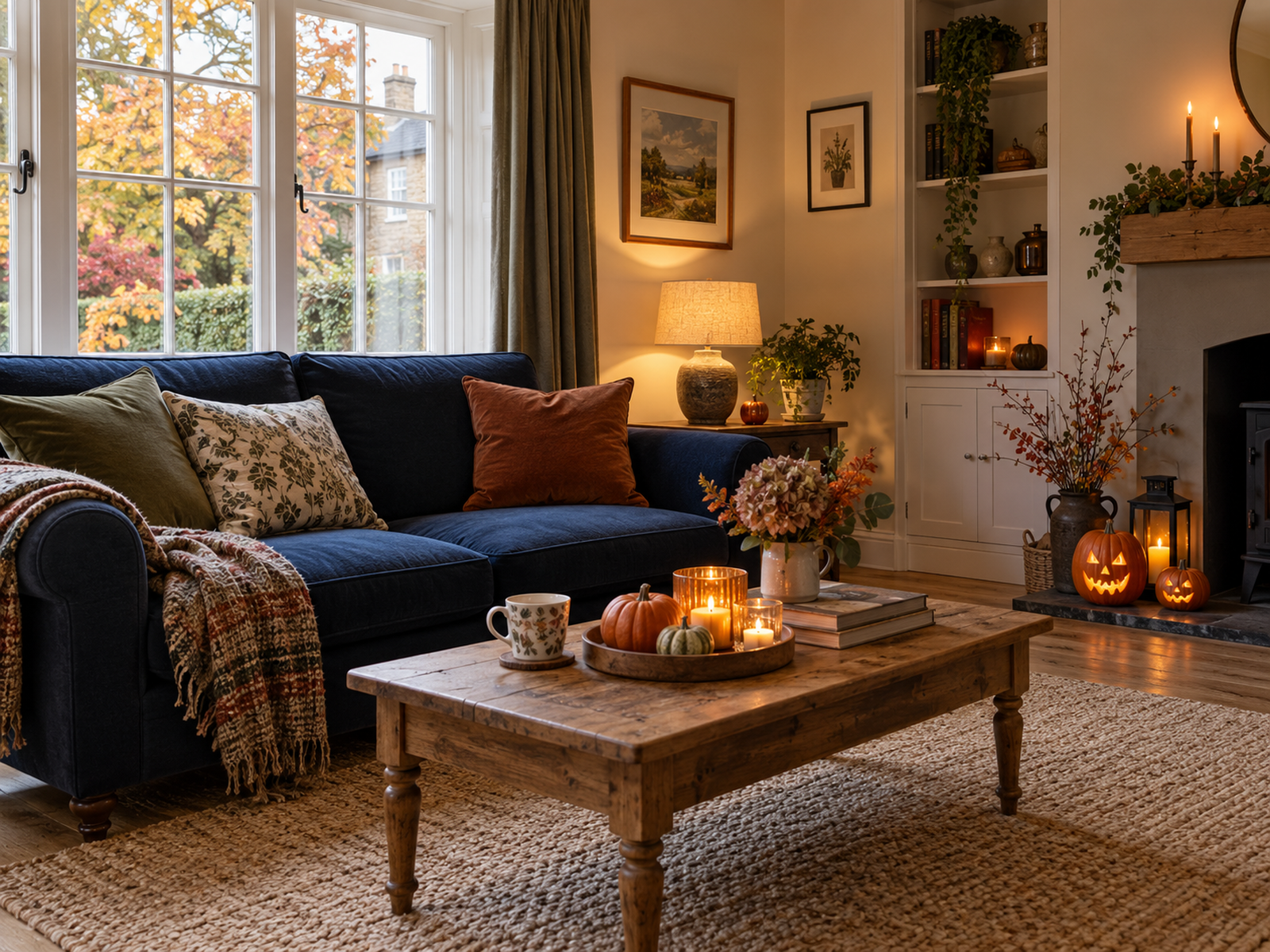 Living room with one restrained Halloween corner, clear paths and a navy sofa