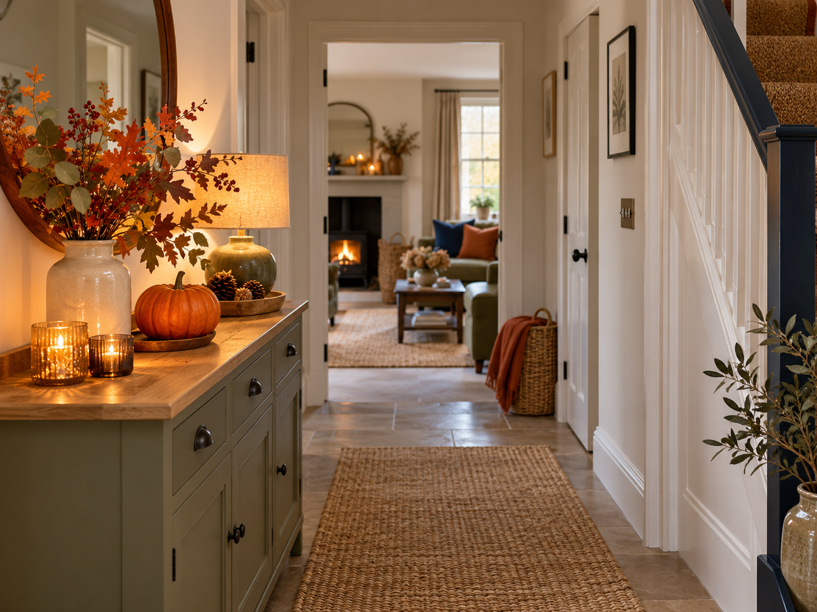 Clear hallway beside a softly lit seasonal display with cables kept out of the route
