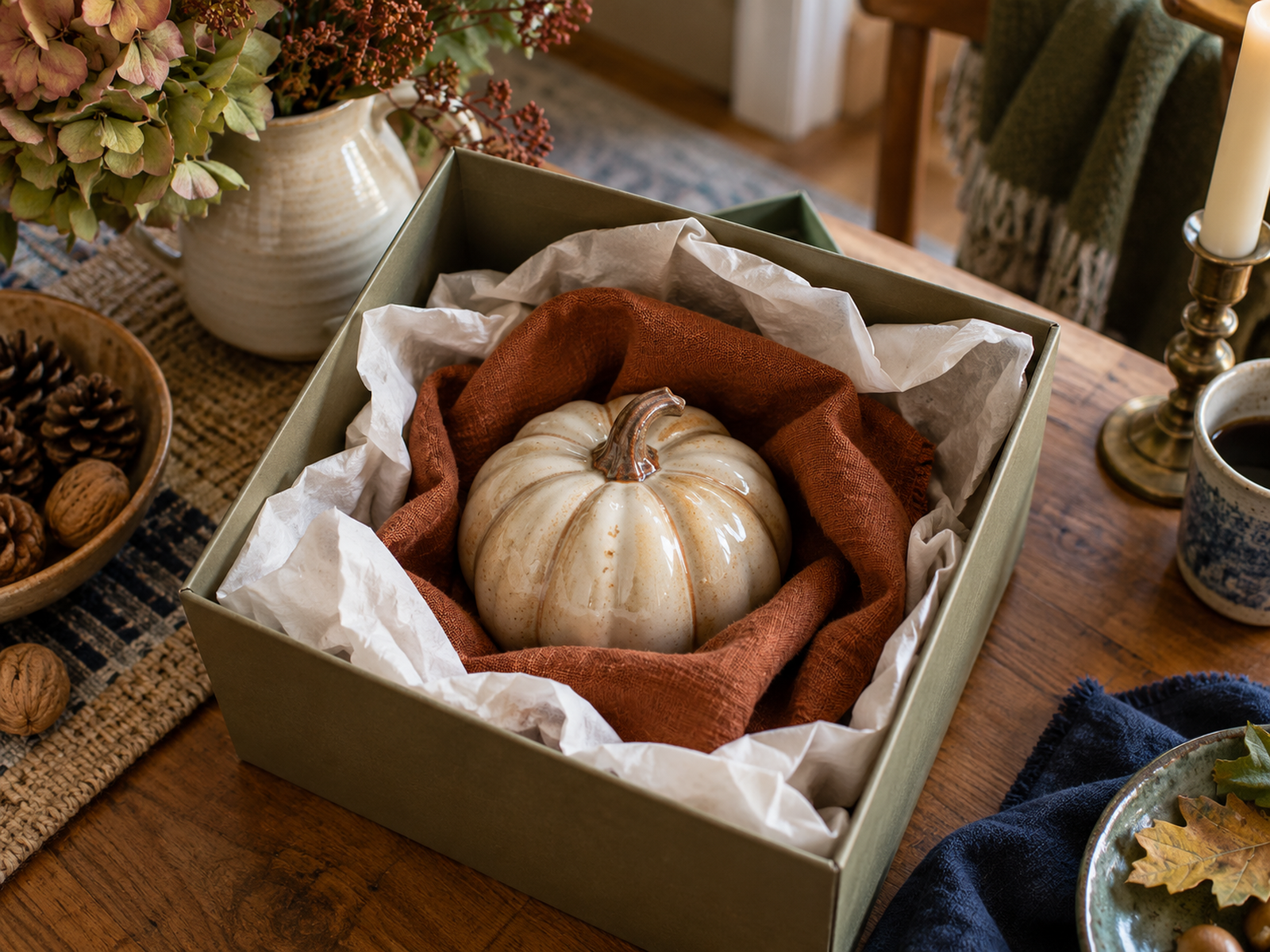 Small storage box with a protected ceramic decoration and folded cloth