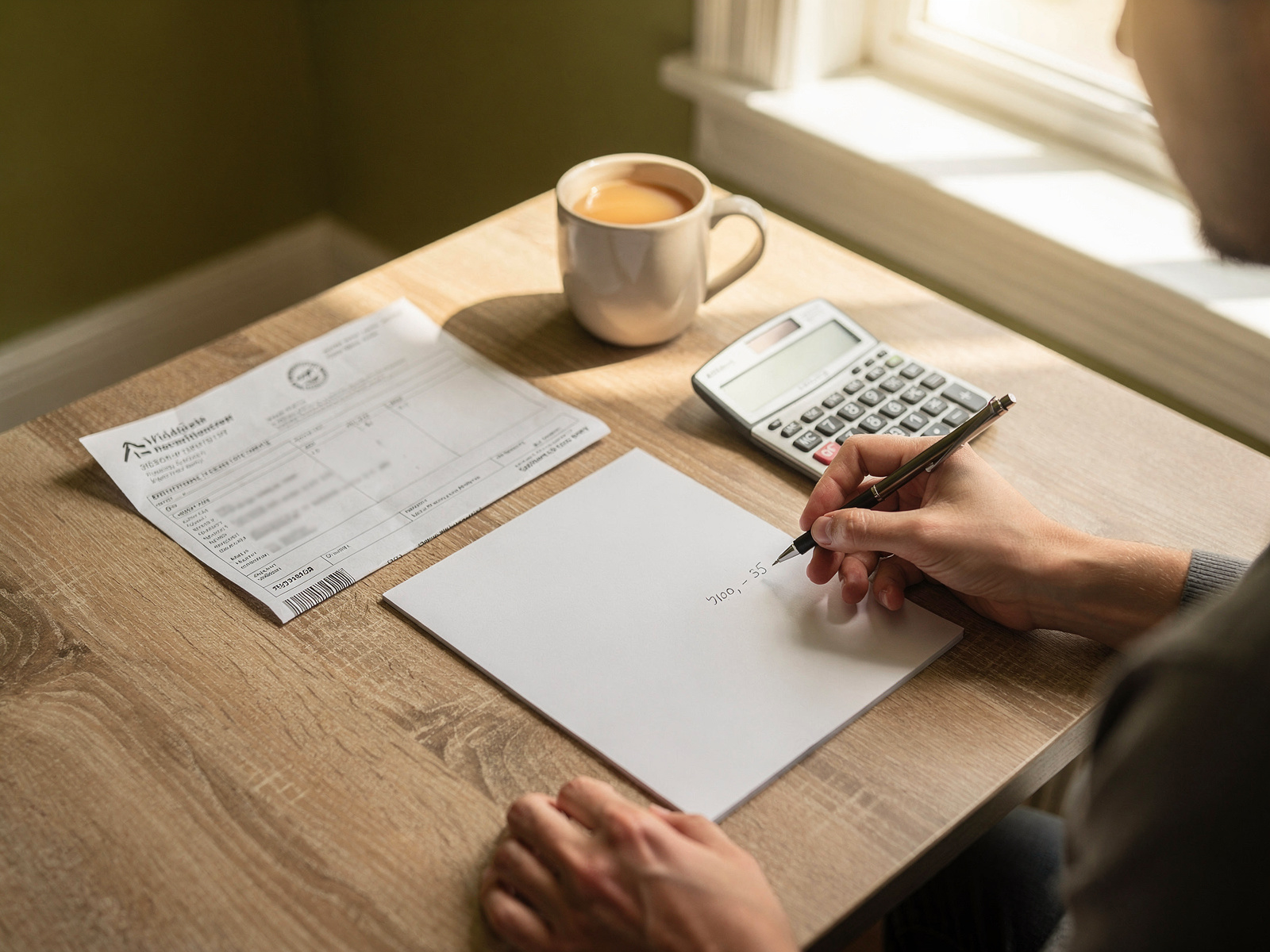 A person at a kitchen table with a notepad and pen beside an energy bill and a mug, working out a sum in daylight.