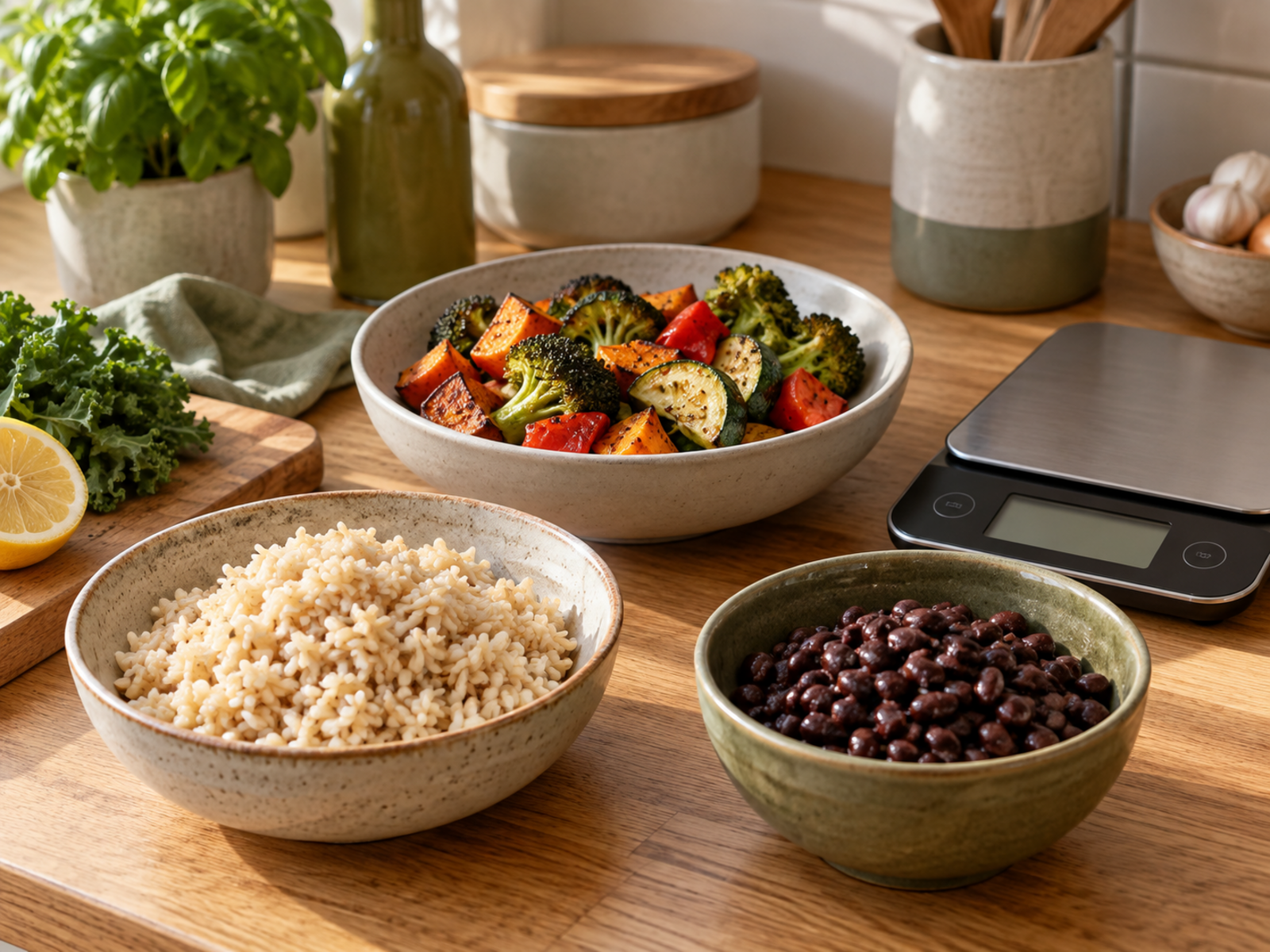 Separate bowls of ingredients beside a kitchen scale