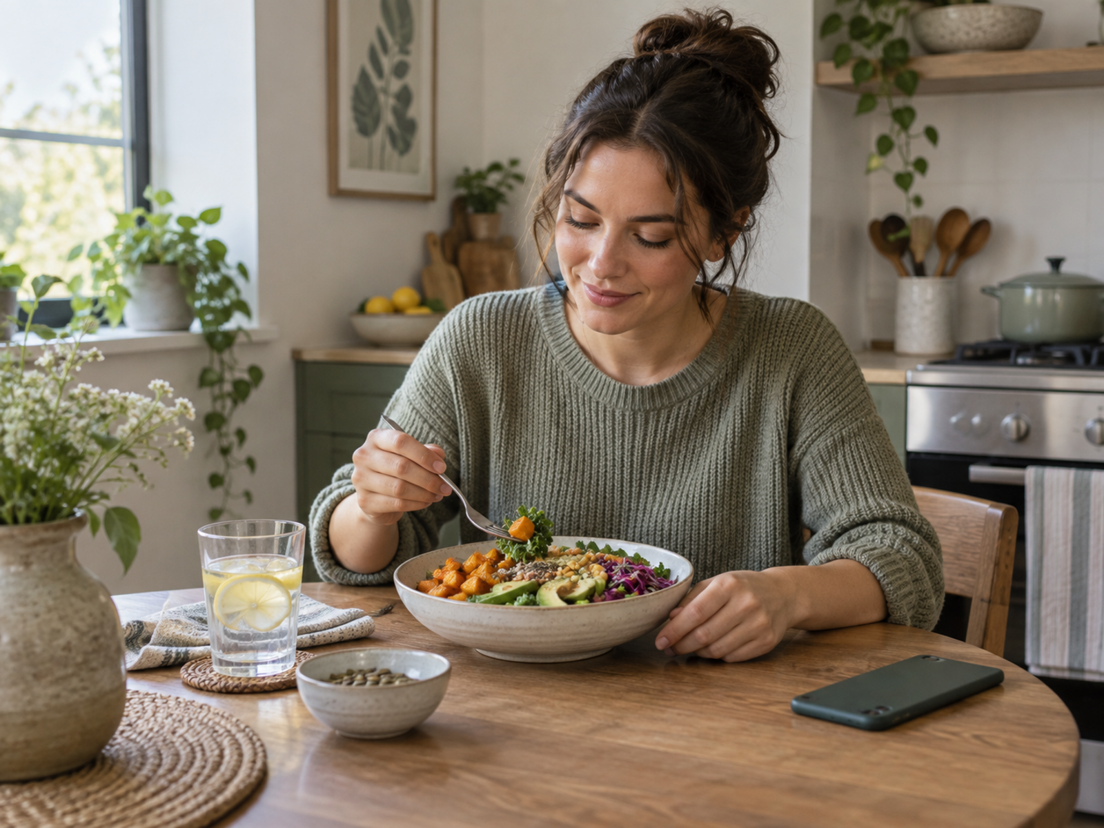 A woman enjoying lunch with her phone set aside