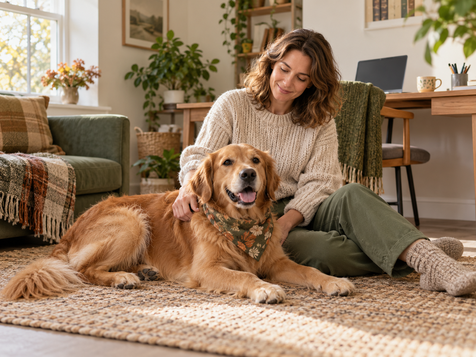 Owner supervising a relaxed dog wearing a small autumn bandana