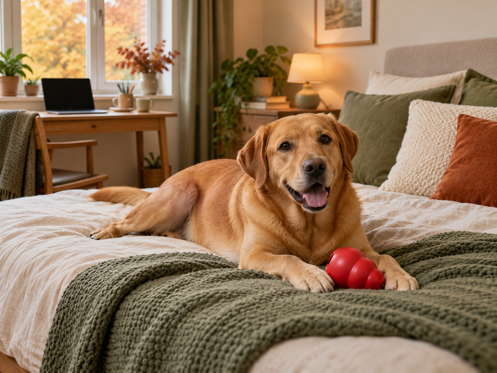 Dog resting comfortably at home beside a familiar red rubber toy