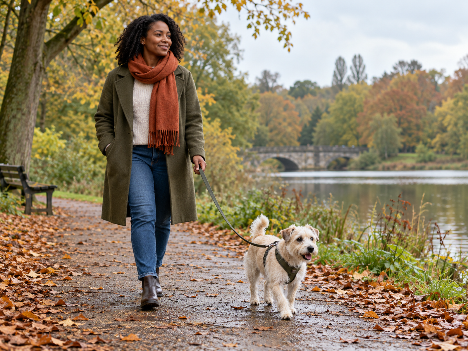Owner wearing a rust scarf on an autumn walk with a dog in ordinary equipment