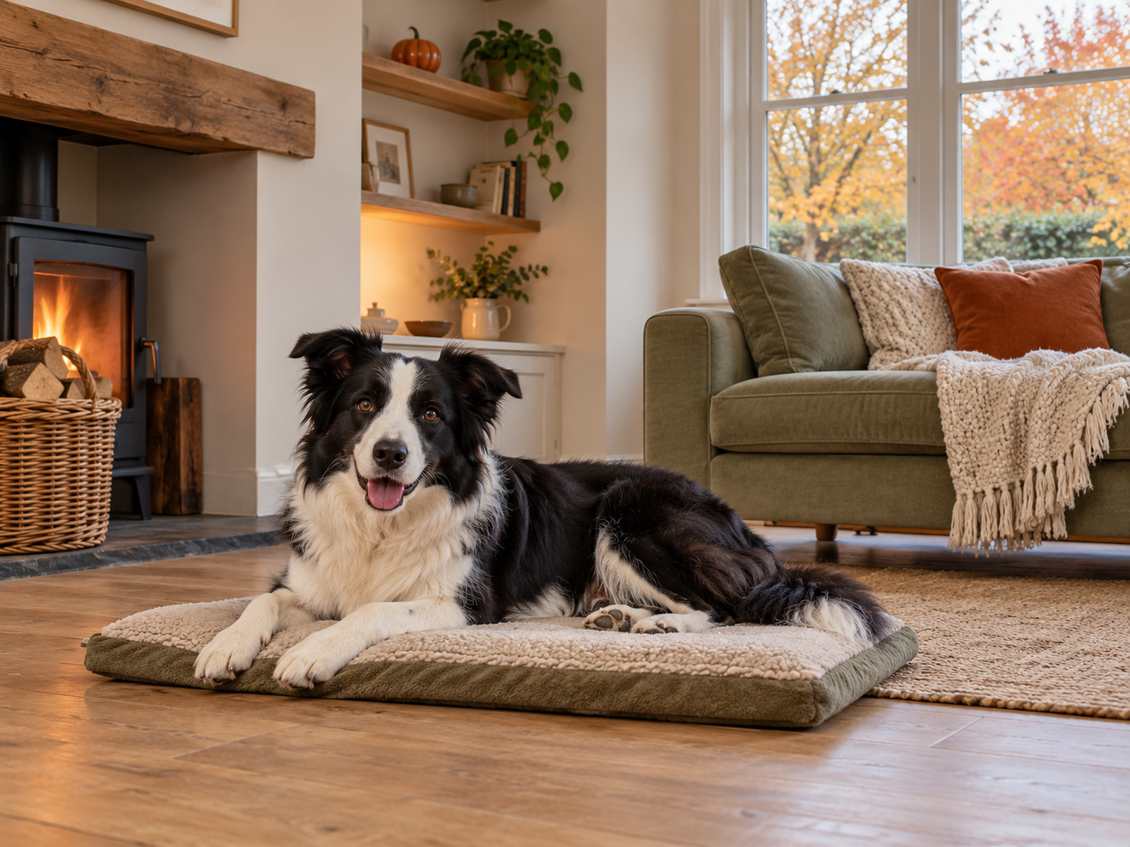 Costume-free dog resting on a mat with restrained autumn decorations safely in the background