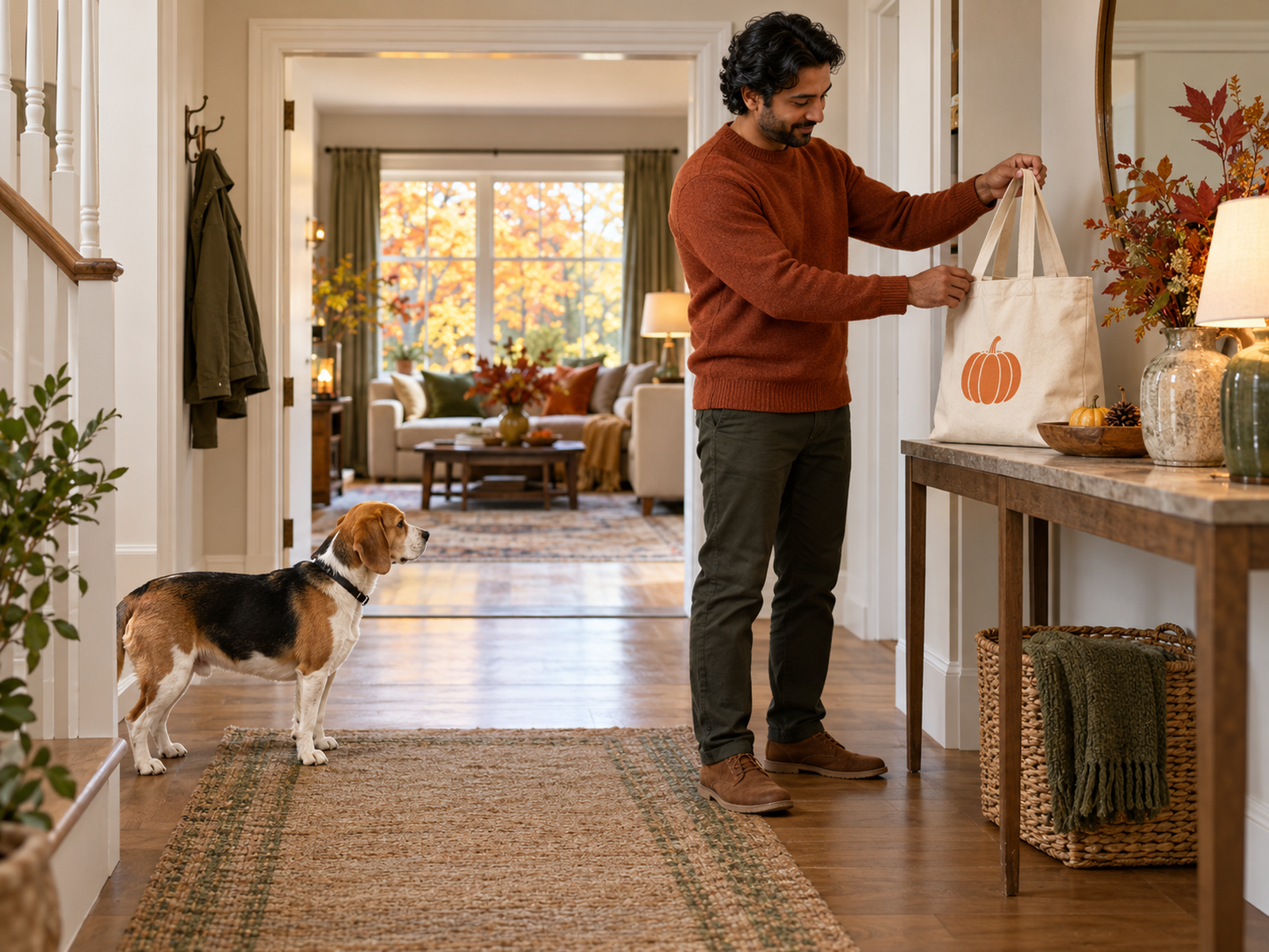 Owner in an autumn jumper holding a pumpkin-print tote above a costume-free dog