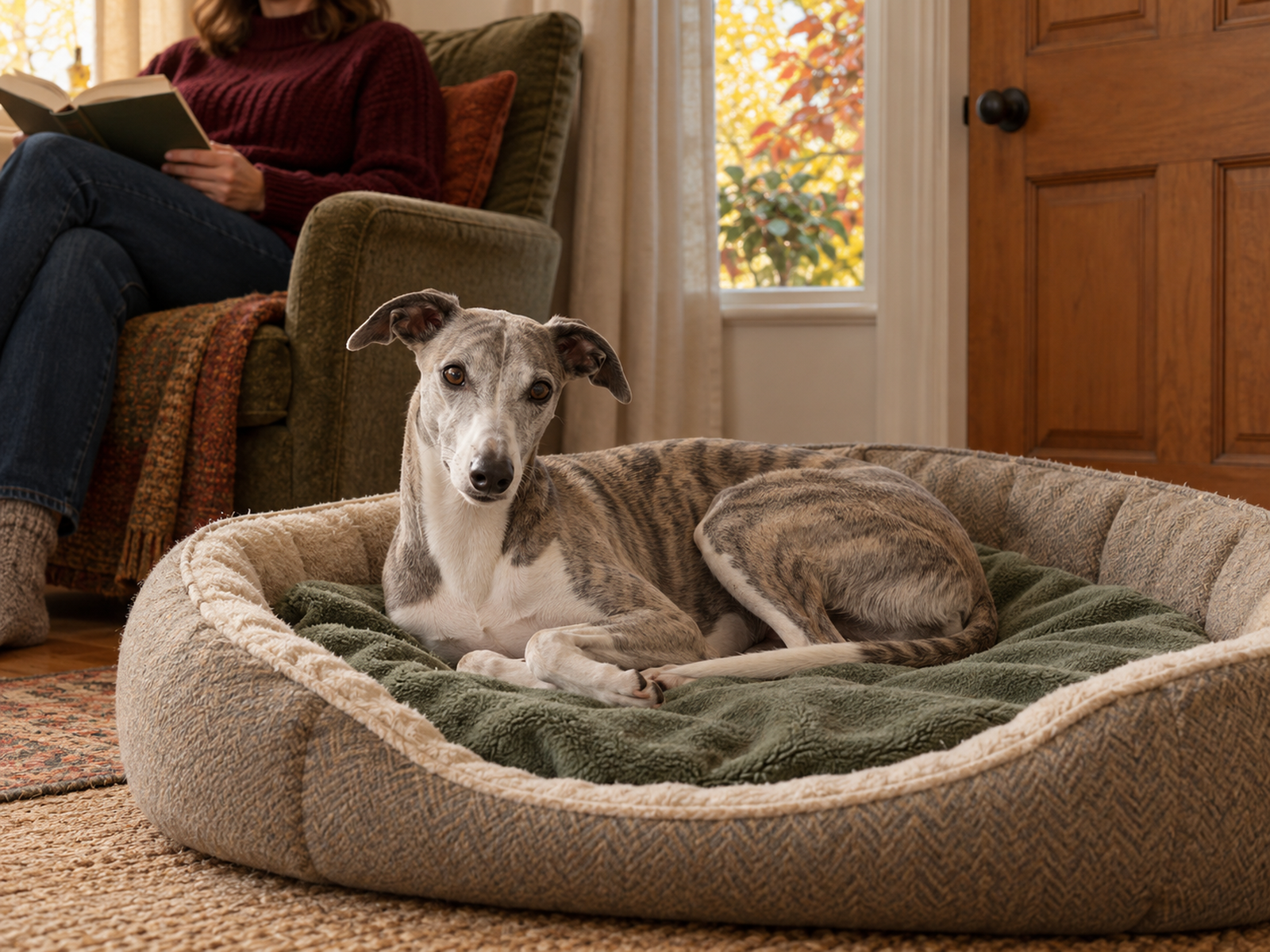 Dog curled in its own bed beside a softly decorated autumn sitting area