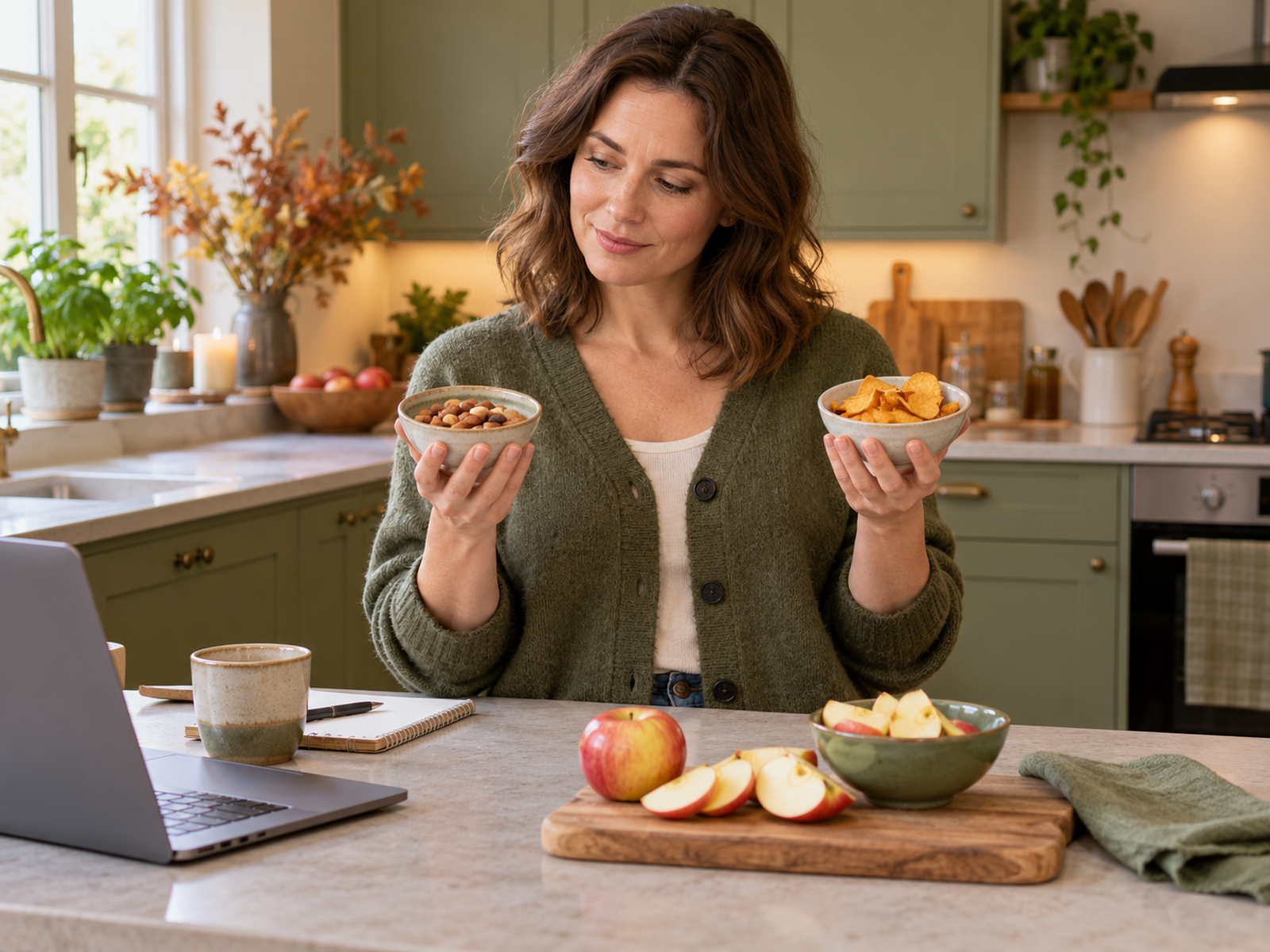 Woman in an autumn cardigan comparing two snack bowls beside sliced apple