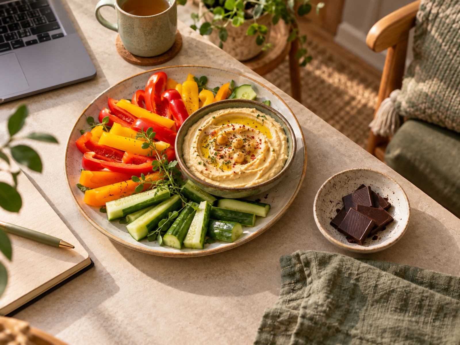 Hummus and sliced vegetables with a separate small chocolate portion