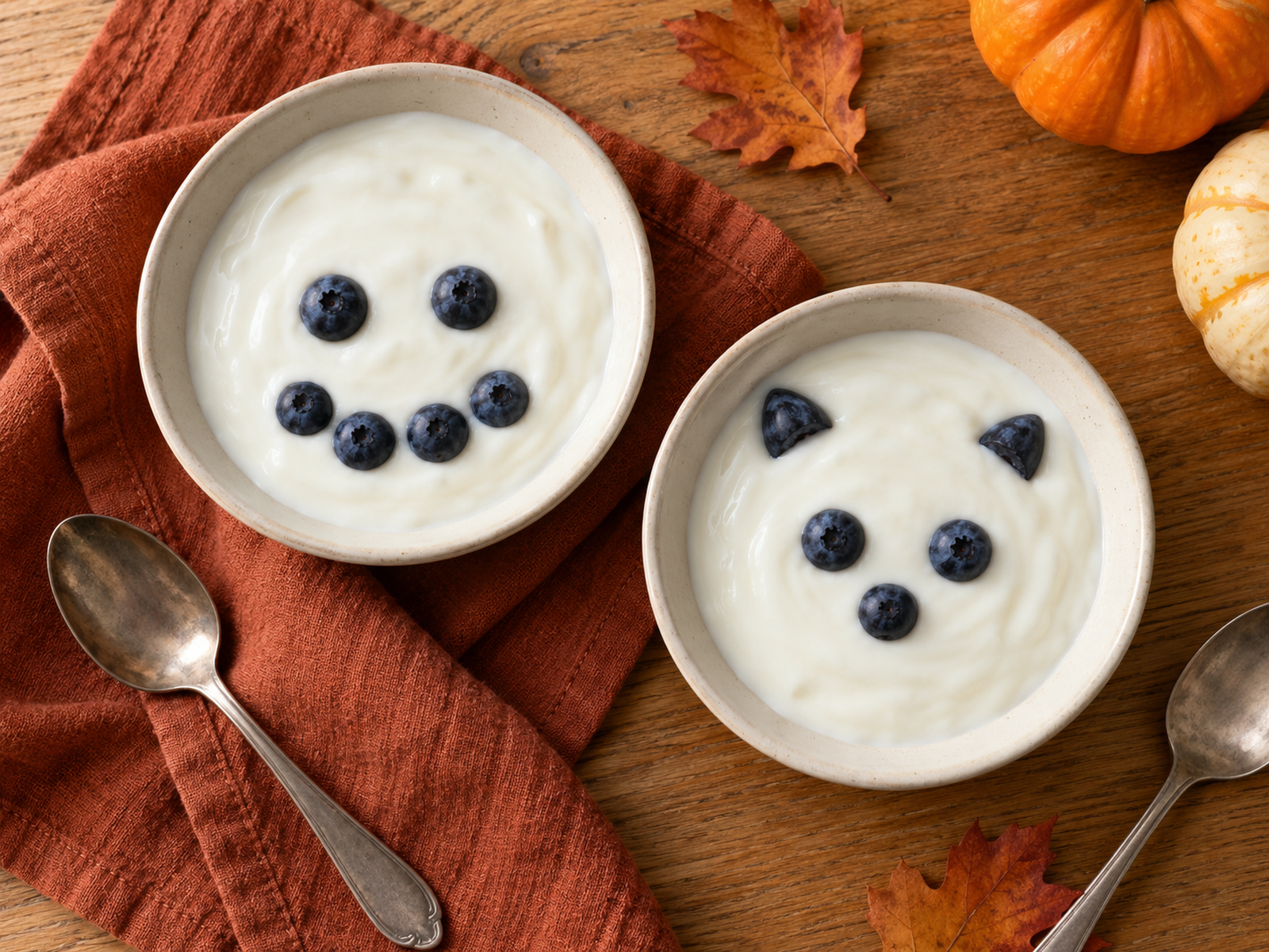 Two bowls of plain yogurt decorated with simple blueberry faces