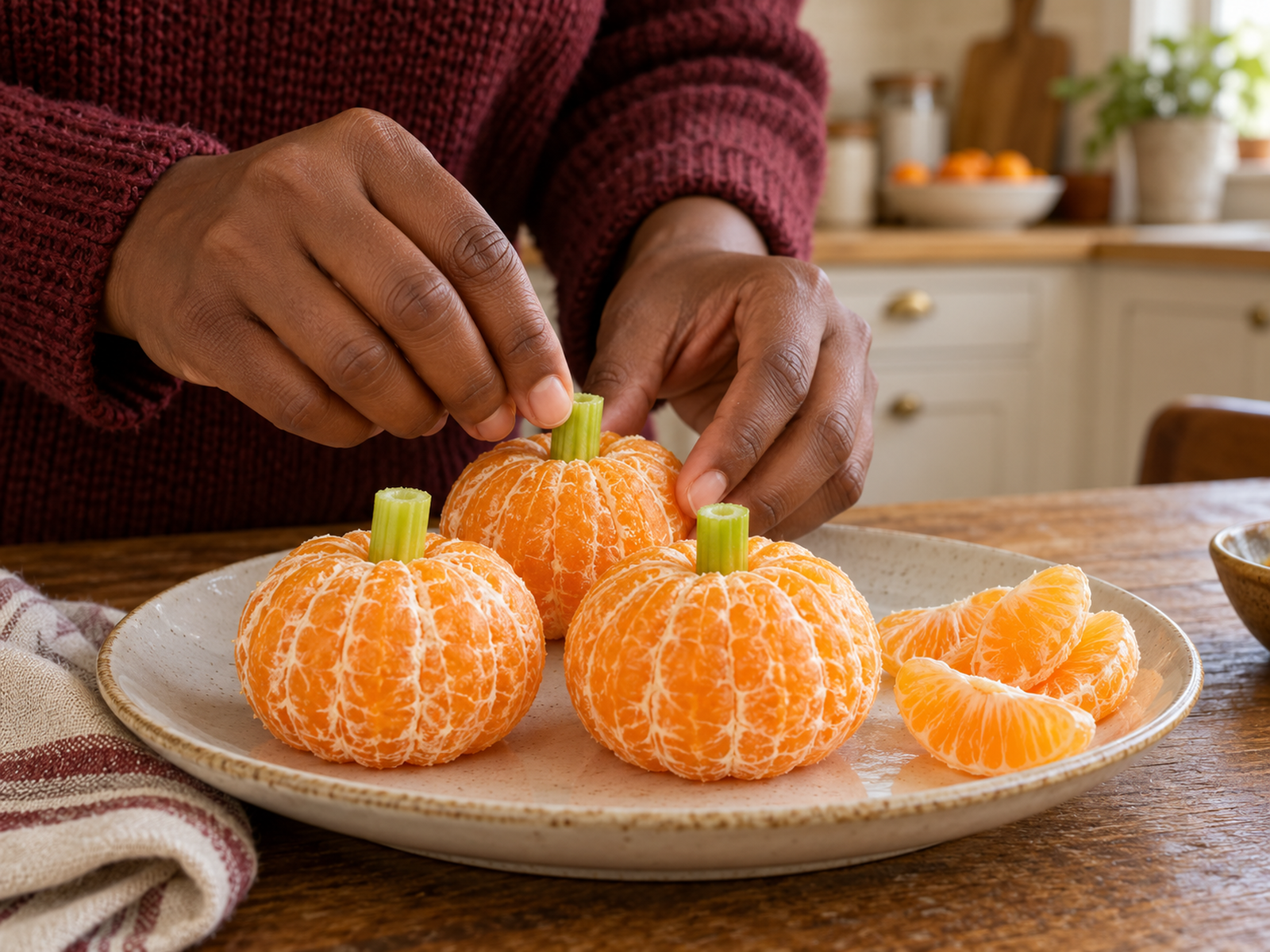 Hands in burgundy sleeves arranging peeled clementine pumpkins on a ceramic plate