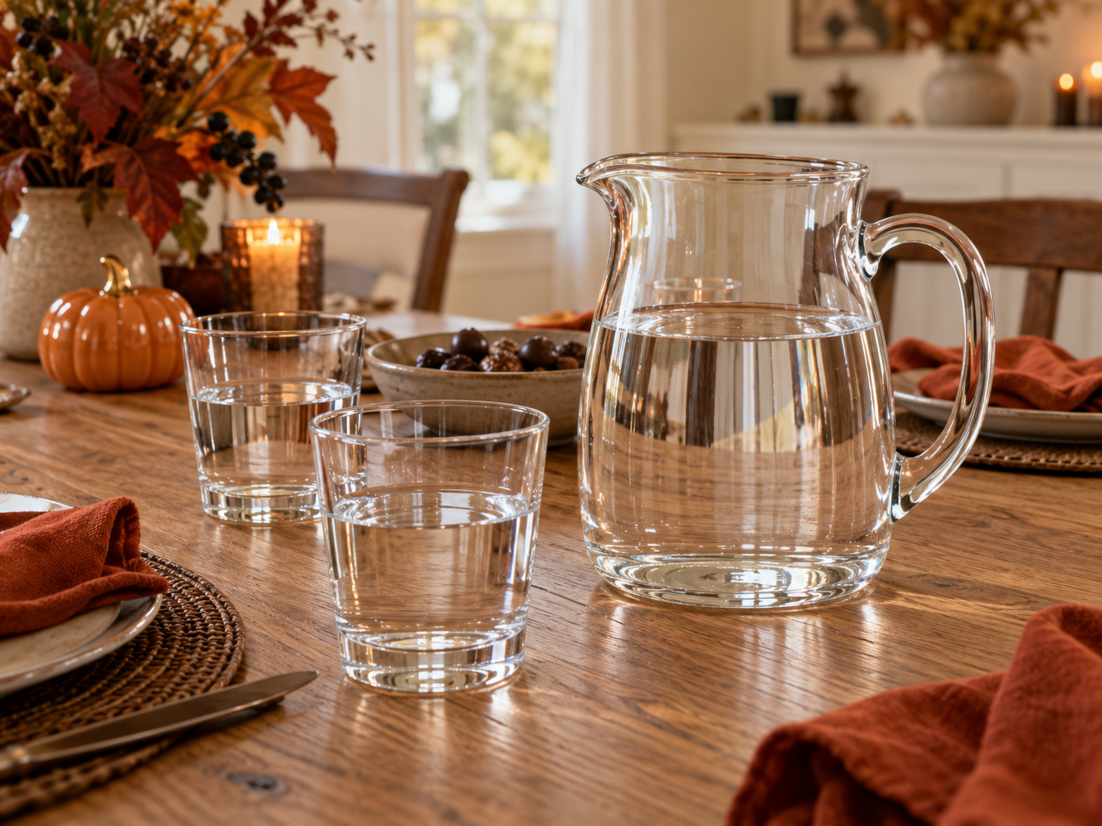 Jug and glasses of water on an autumn table beside a small bowl of chocolate