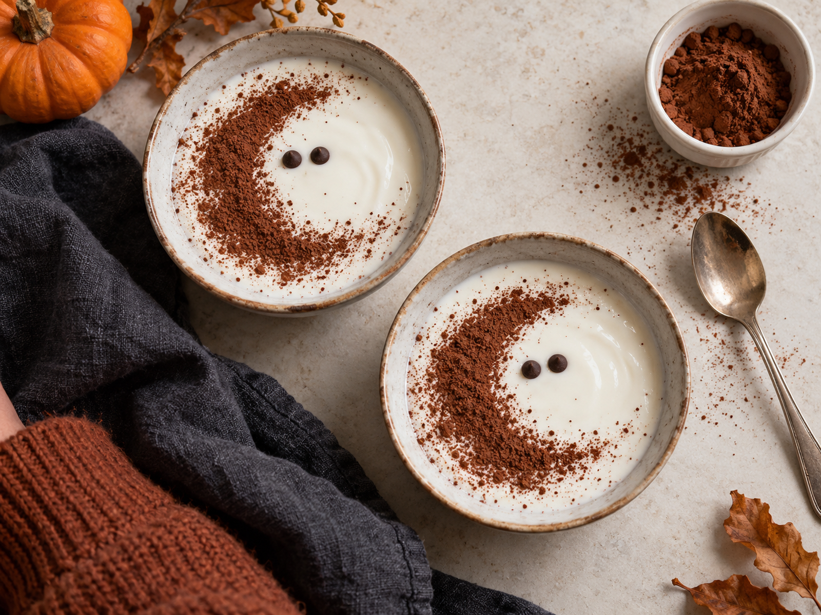 Small yogurt bowls with cocoa patterns and a few chocolate-chip details