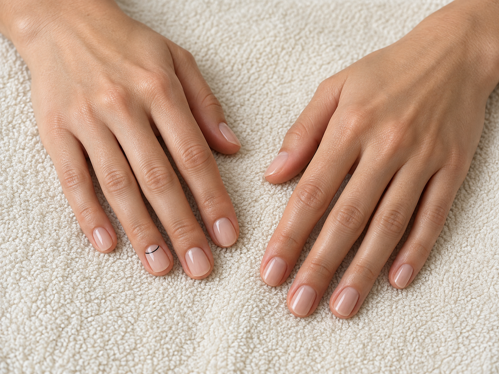 Short neutral nails with a fine black curved accent on one nail