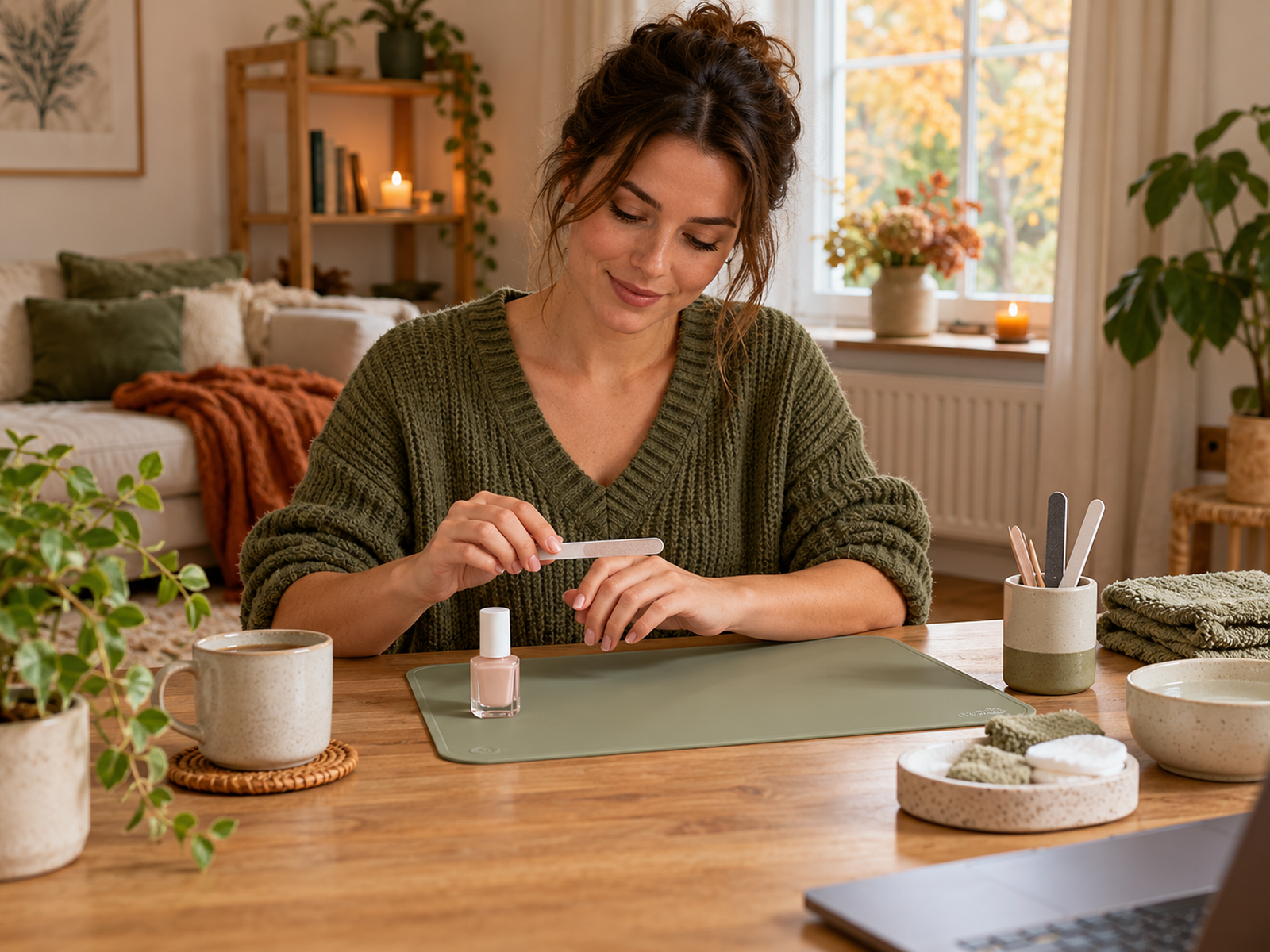Woman in an olive jumper preparing her nails at a table in an autumn home