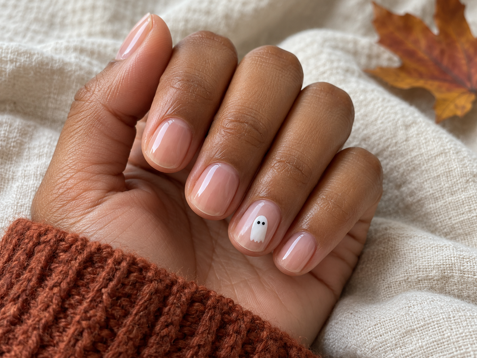 Short neutral nails with one small white ghost and a rust jumper cuff