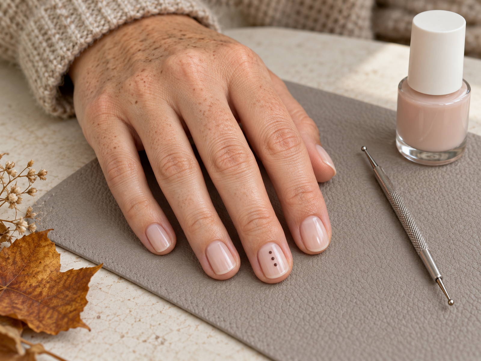 Three tiny dark dots on a short neutral nail beside a double-ended tool