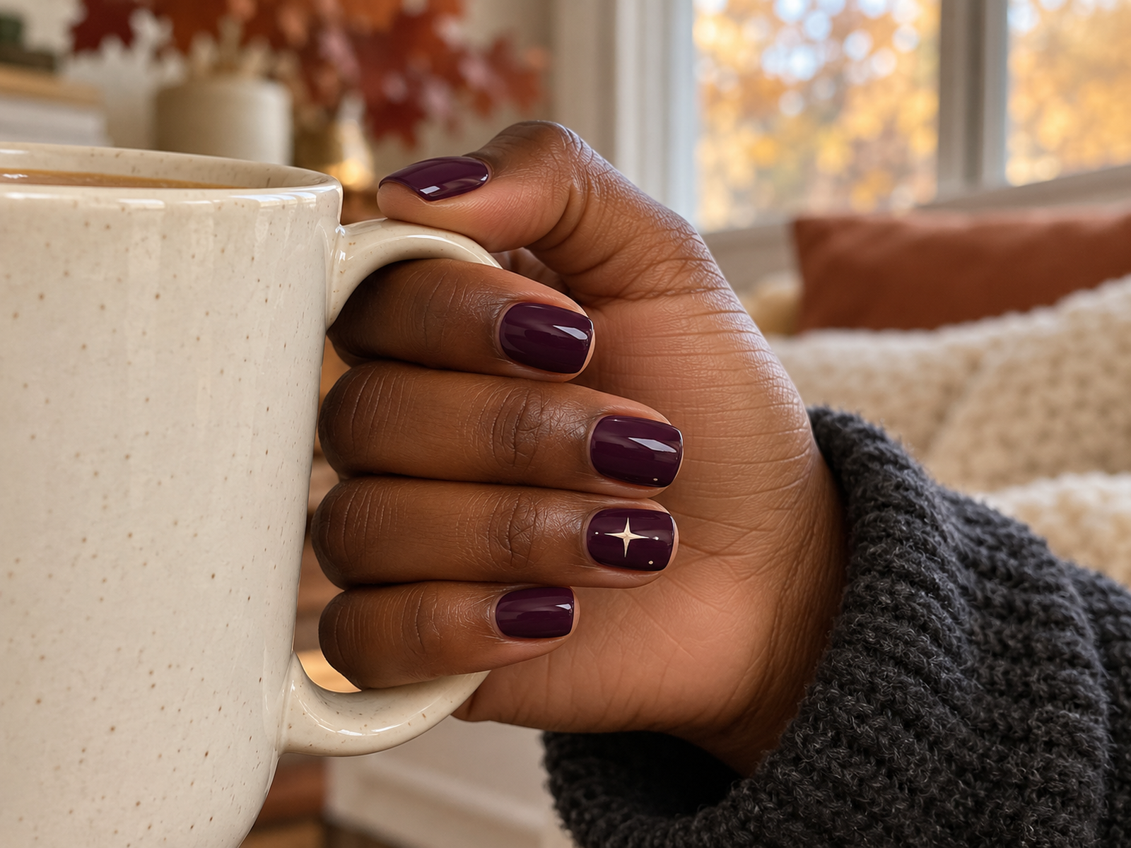 Short plum nails with one pale star, a charcoal cuff and a cream mug